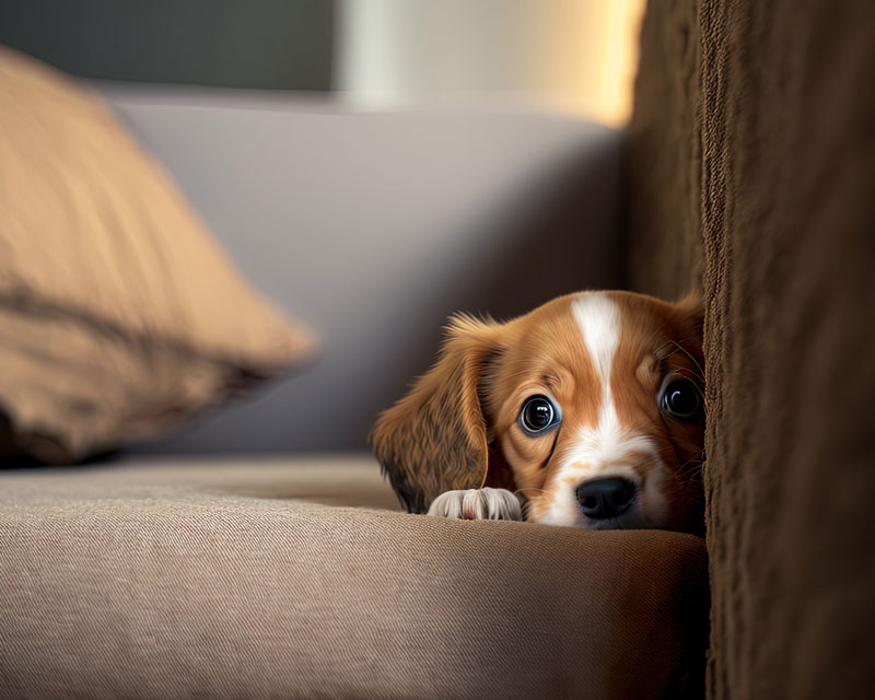 anxious dog on a sofa looking scared